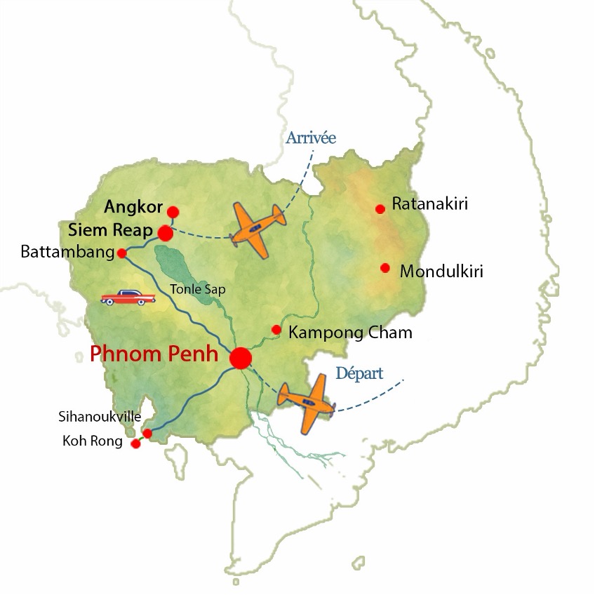 Carte du circuit Cambodge en 12 jours Angkor et Koh Rong avec l'agence locale Francophone Tonkin Voyage